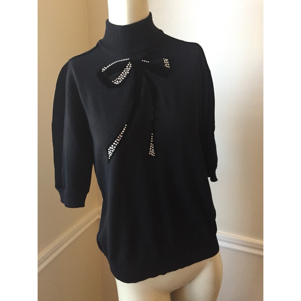 Women's Elisa Fanti Black Wool Sweater Velvet Bow, Sz: It 44 - Poss. US 8